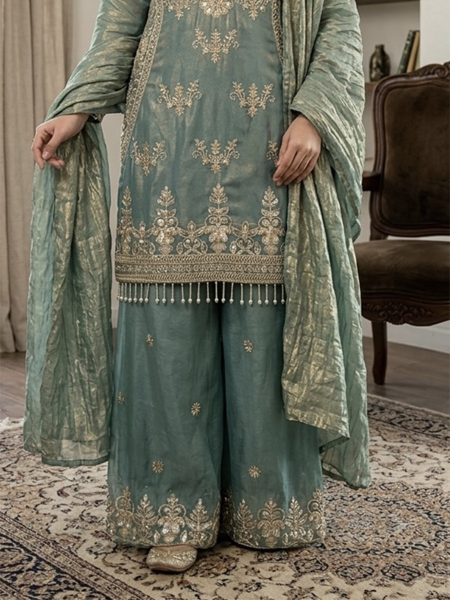 Sky Blue Pure Fendy Silk Embroidery Stone Work Wedding Party Festival Casual Ready Palazzo Pant Salwar Kameez