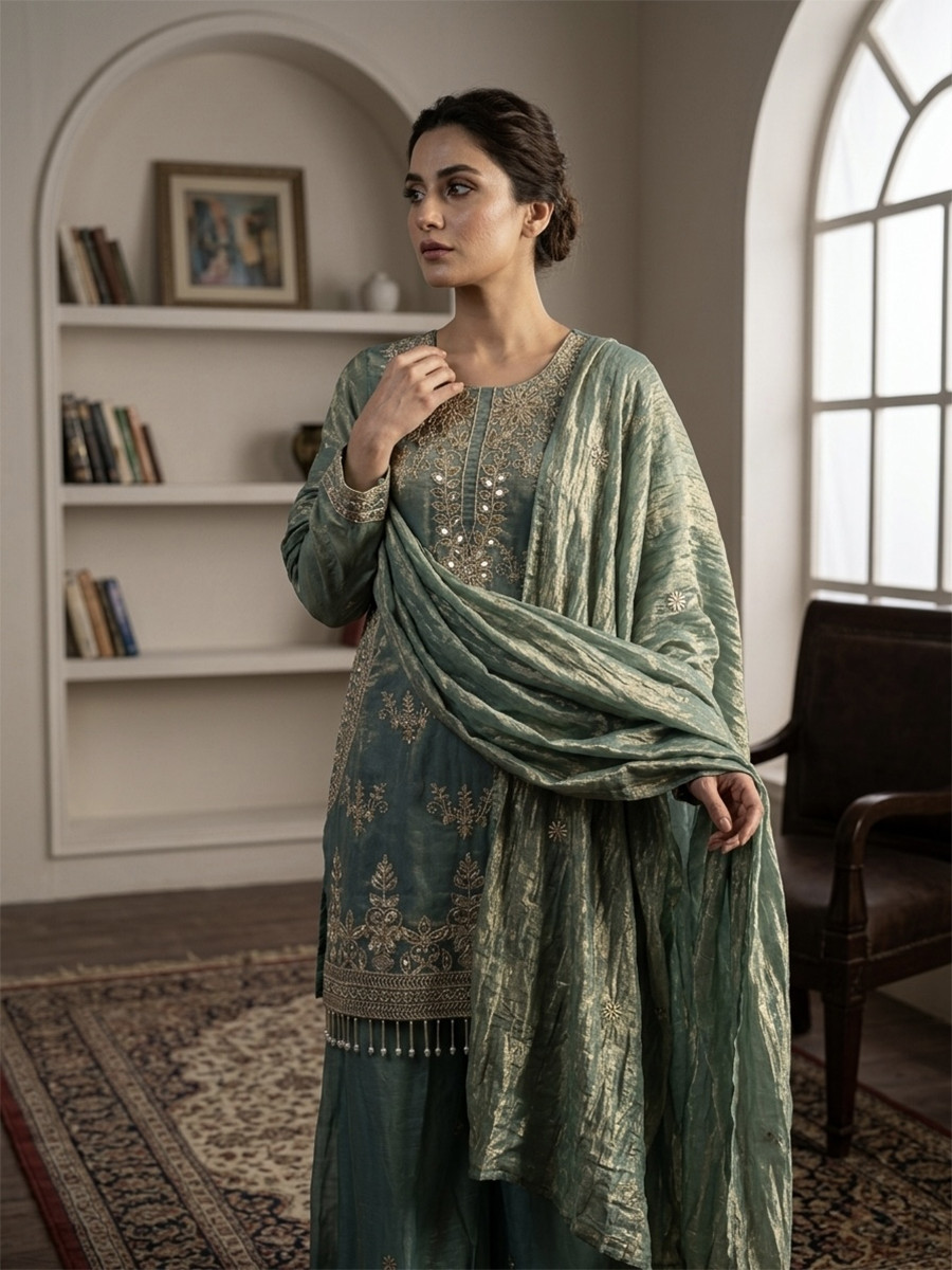 Sky Blue Pure Fendy Silk Embroidery Stone Work Wedding Party Festival Casual Ready Palazzo Pant Salwar Kameez