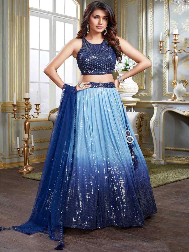 Sky Blue Pure Georgette Embroidered Cocktail Ready Circular Lehenga Choli