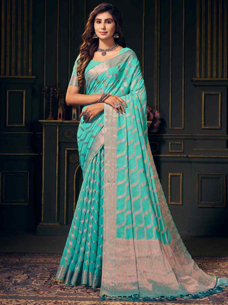 Sky Blue Pure Georgette Handwoven Wedding Festival Heavy Border Saree