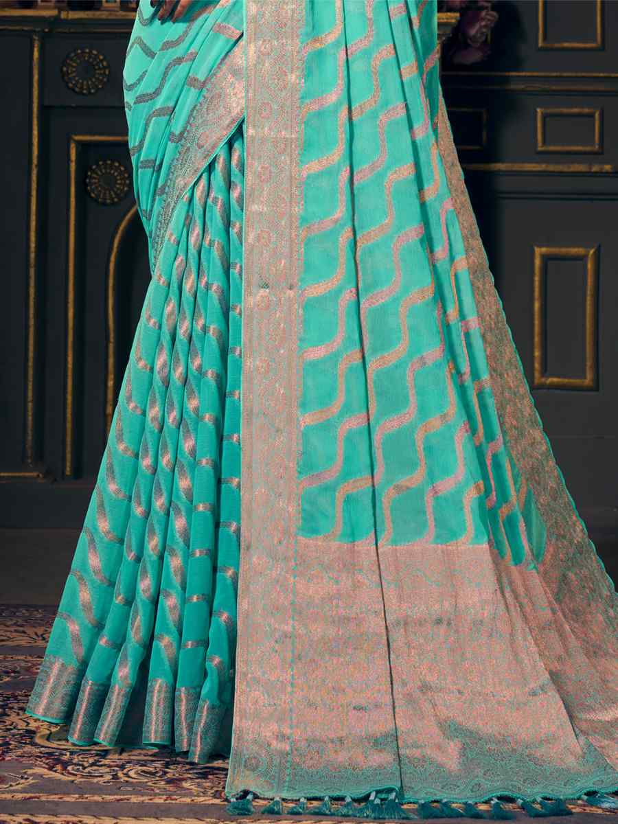 Sky Blue Pure Georgette Handwoven Wedding Festival Heavy Border Saree
