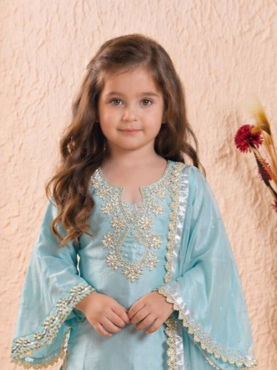 Sky Blue Pure GMY Silk Embroidered Sequins Ethnic Casual Party Wedding Ready Salwars Girls Wear