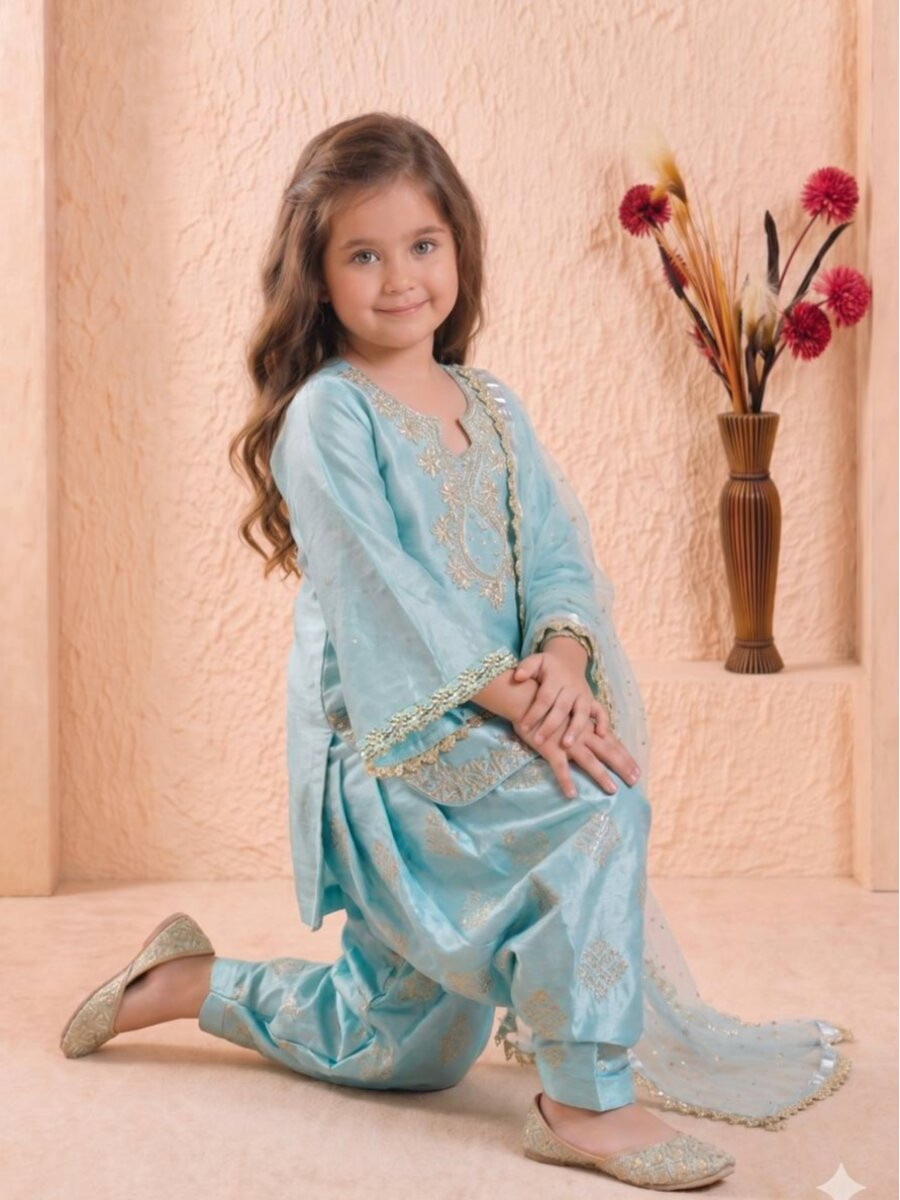 Sky Blue Pure GMY Silk Embroidered Sequins Ethnic Casual Party Wedding Ready Salwars Girls Wear