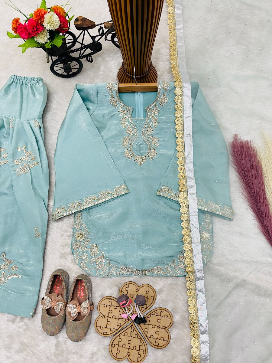 Sky Blue Pure GMY Silk Embroidered Sequins Ethnic Casual Party Wedding Ready Salwars Girls Wear
