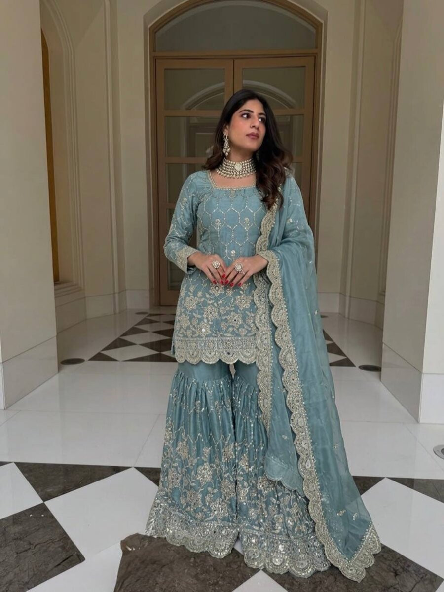 Sky Blue Pure Heavy Gmy Silk Embroidery Sequins Mirror Hand Work Wedding Party Festival Casual Ready Sharara Pant Salwar Kameez