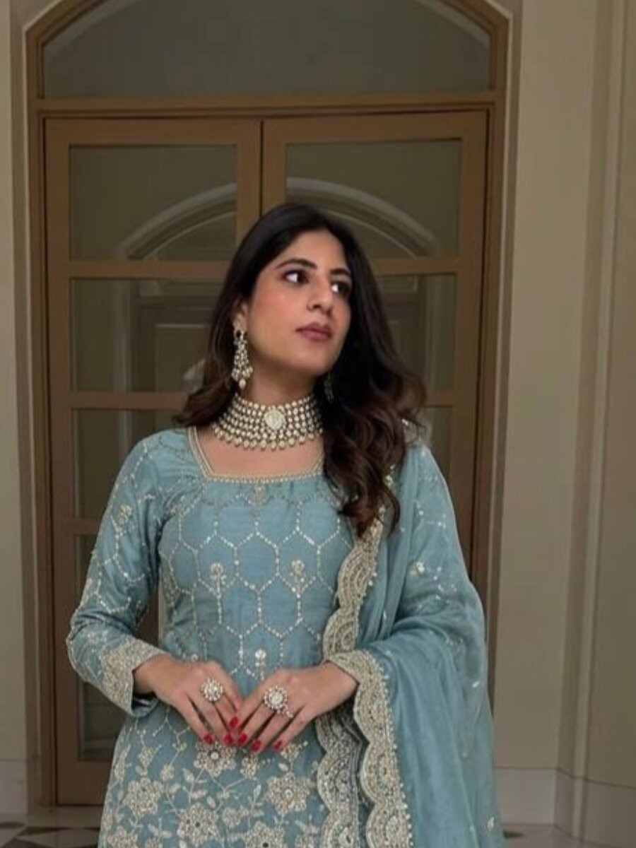 Sky Blue Pure Heavy Gmy Silk Embroidery Sequins Mirror Hand Work Wedding Party Festival Casual Ready Sharara Pant Salwar Kameez