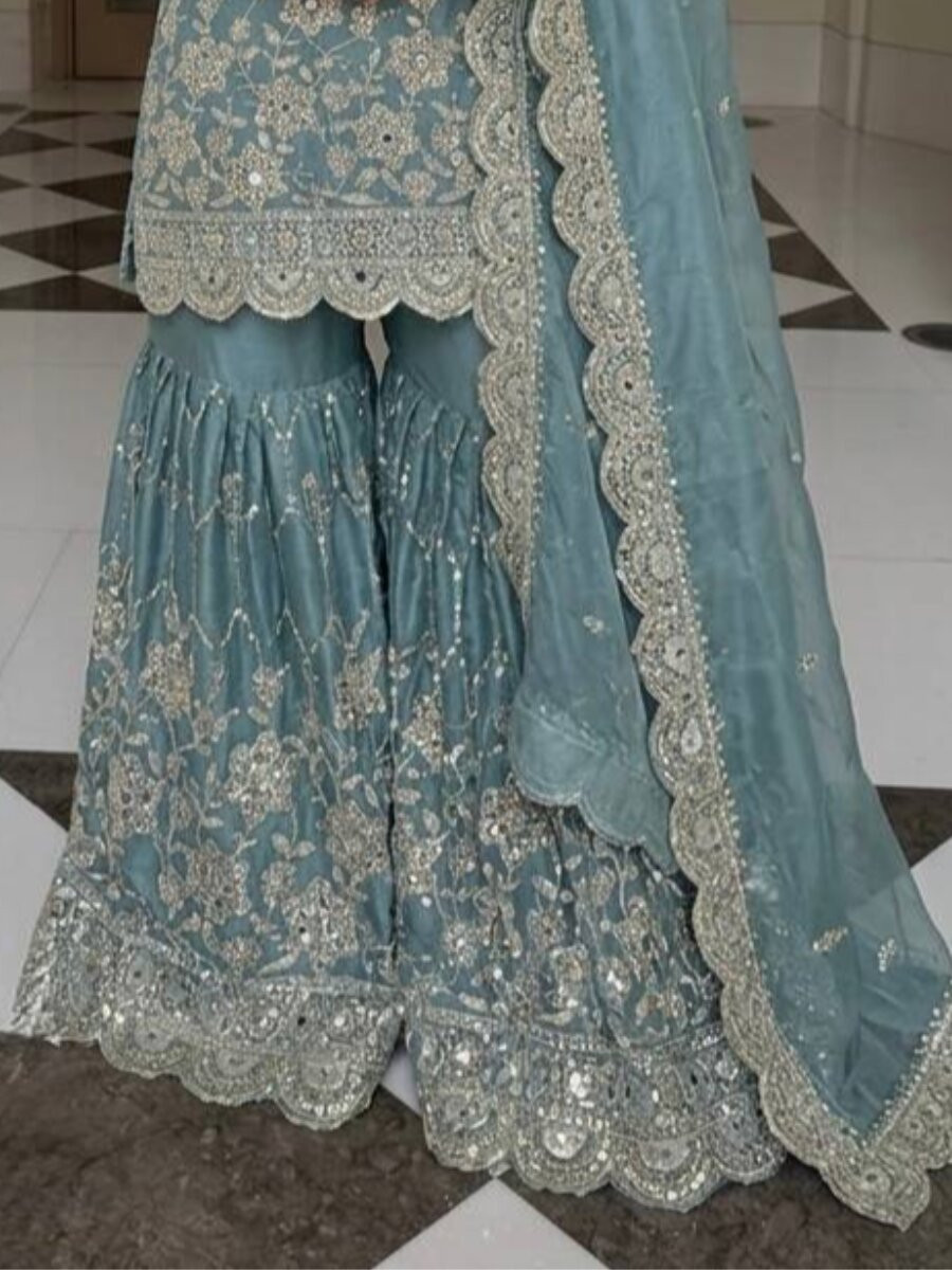 Sky Blue Pure Heavy Gmy Silk Embroidery Sequins Mirror Hand Work Wedding Party Festival Casual Ready Sharara Pant Salwar Kameez