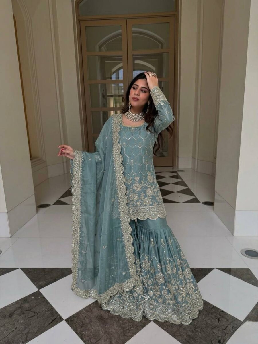 Sky Blue Pure Heavy Gmy Silk Embroidery Sequins Mirror Hand Work Wedding Party Festival Casual Ready Sharara Pant Salwar Kameez