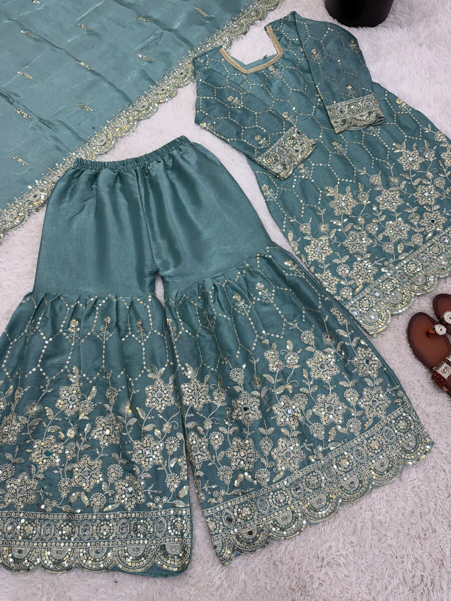 Sky Blue Pure Heavy Gmy Silk Embroidery Sequins Mirror Hand Work Wedding Party Festival Casual Ready Sharara Pant Salwar Kameez
