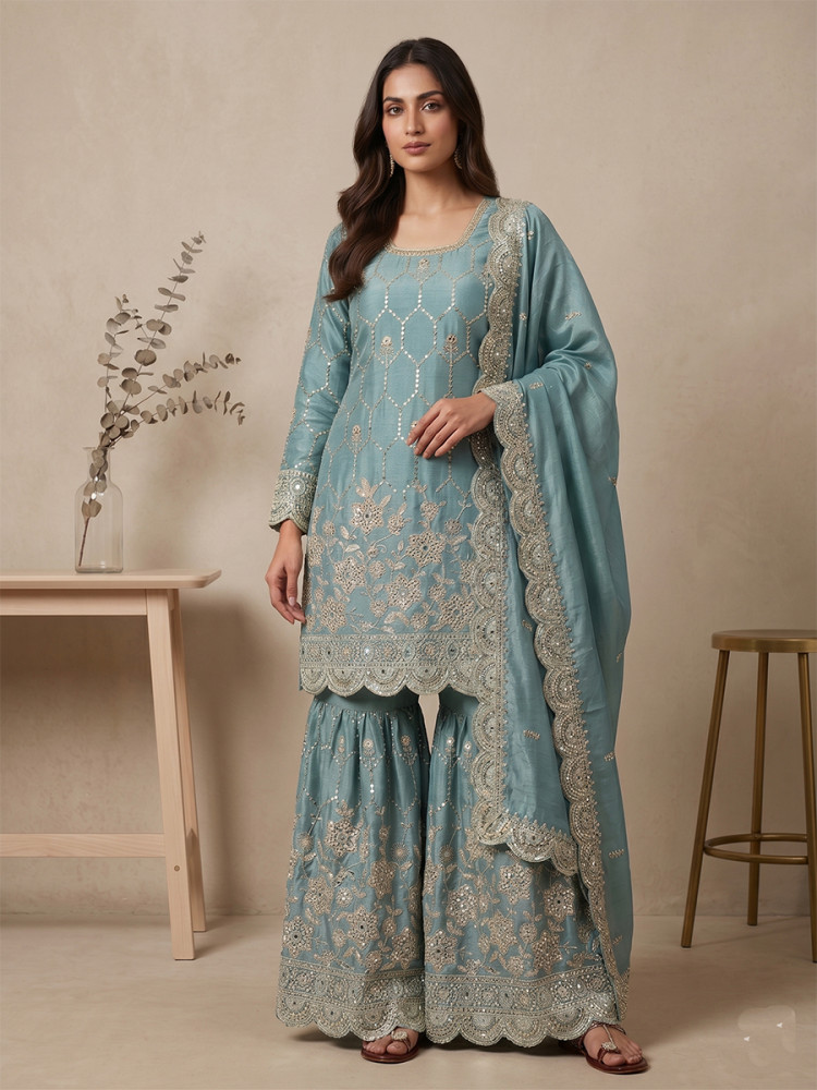 Image of Sky Blue Pure Heavy Gmy Silk Embroidery Sequins Real Mirror Hand Work Wedding Party Festival Casual Ready Sharara Pant Salwar Kameez