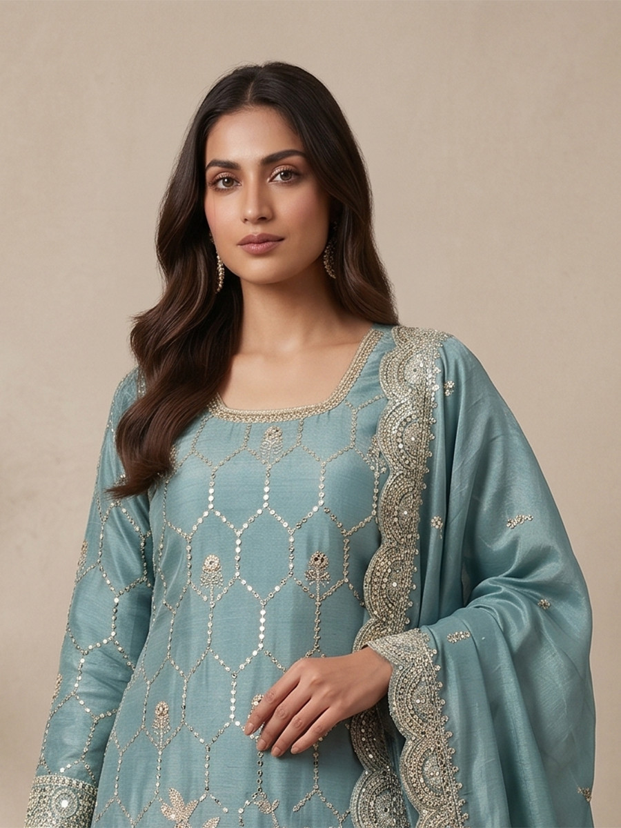 Sky Blue Pure Heavy Gmy Silk Embroidery Sequins Real Mirror Hand Work Wedding Party Festival Casual Ready Sharara Pant Salwar Kameez