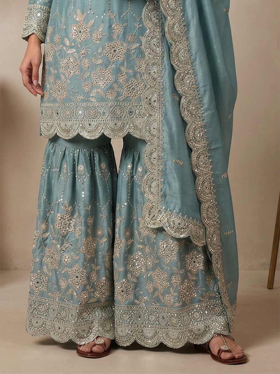 Sky Blue Pure Heavy Gmy Silk Embroidery Sequins Real Mirror Hand Work Wedding Party Festival Casual Ready Sharara Pant Salwar Kameez