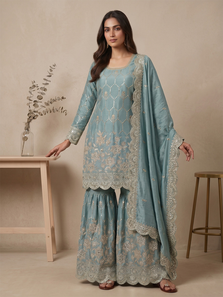 Sky Blue Pure Heavy Gmy Silk Embroidery Sequins Real Mirror Hand Work Wedding Party Festival Casual Ready Sharara Pant Salwar Kameez