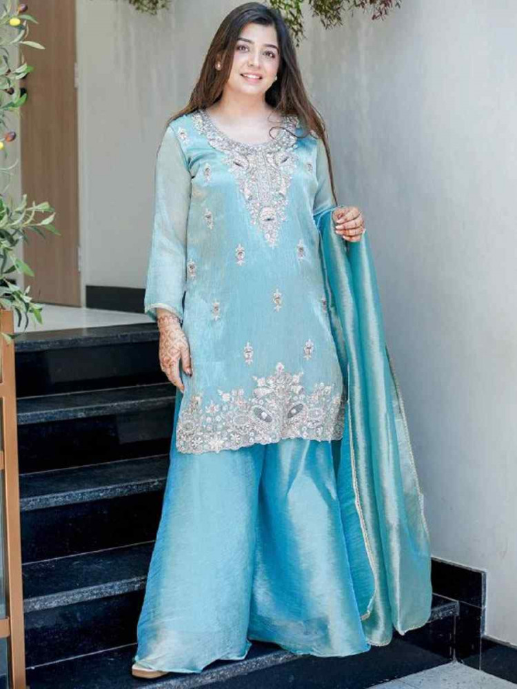 Image of Sky Blue Pure Jimmy Choo Silk Embroidery Party Wedding Festival Casual Ready Palazzo Pant Salwar Kameez