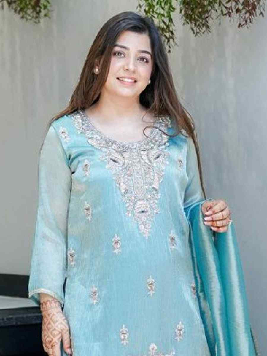 Sky Blue Pure Jimmy Choo Silk Embroidery Party Wedding Festival Casual Ready Palazzo Pant Salwar Kameez
