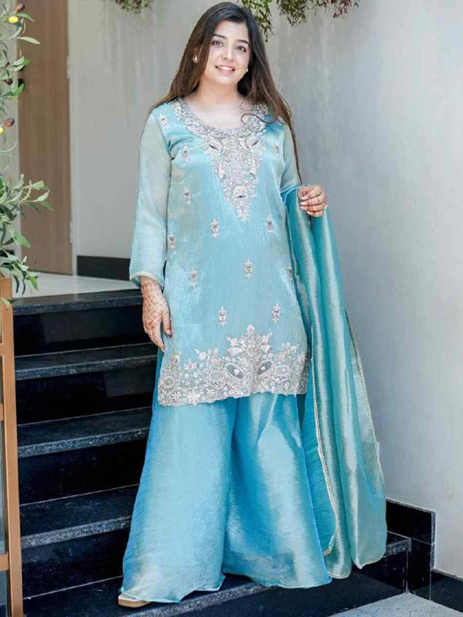 Sky Blue Pure Jimmy Choo Silk Embroidery Party Wedding Festival Casual Ready Palazzo Pant Salwar Kameez