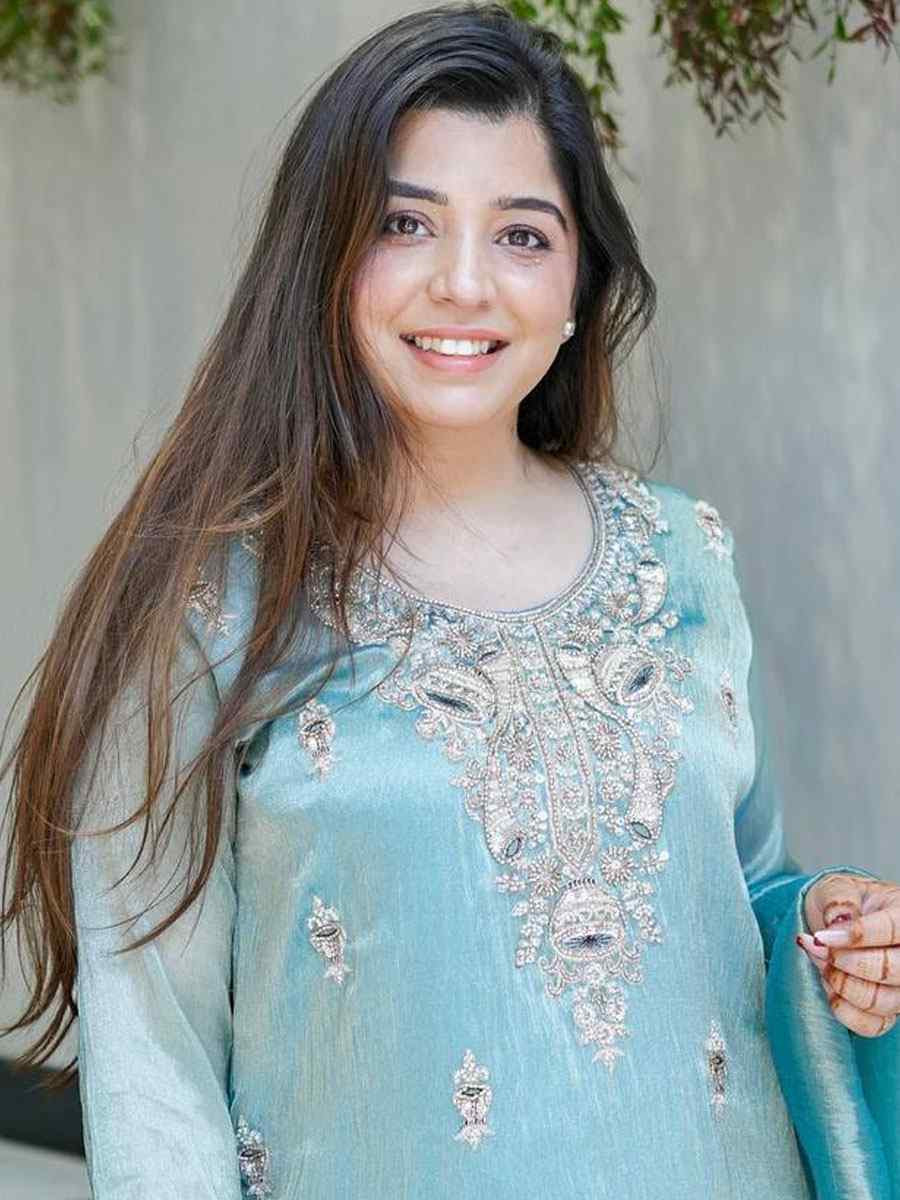 Sky Blue Pure Jimmy Choo Silk Embroidery Party Wedding Festival Casual Ready Palazzo Pant Salwar Kameez