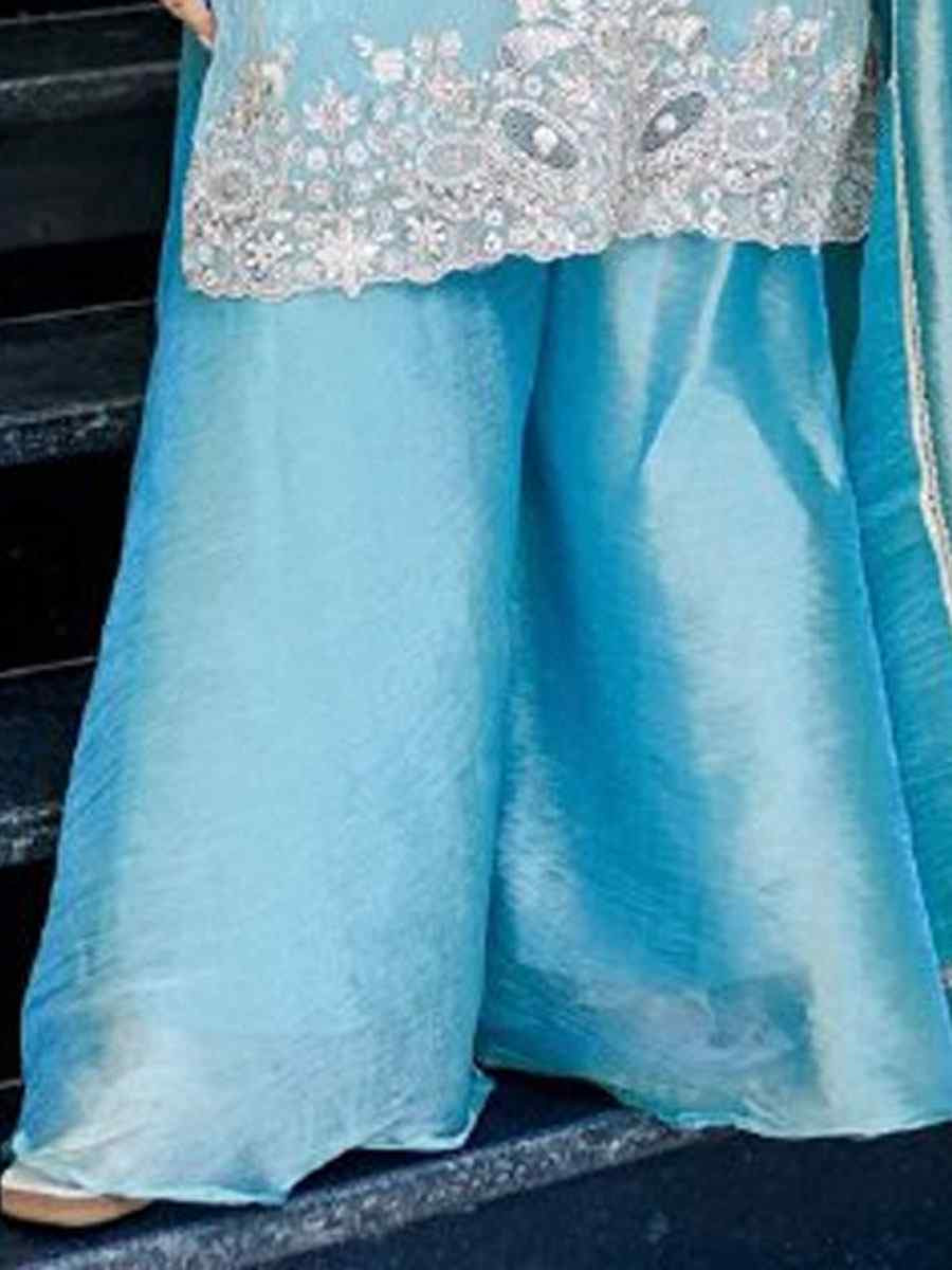 Sky Blue Pure Jimmy Choo Silk Embroidery Party Wedding Festival Casual Ready Palazzo Pant Salwar Kameez