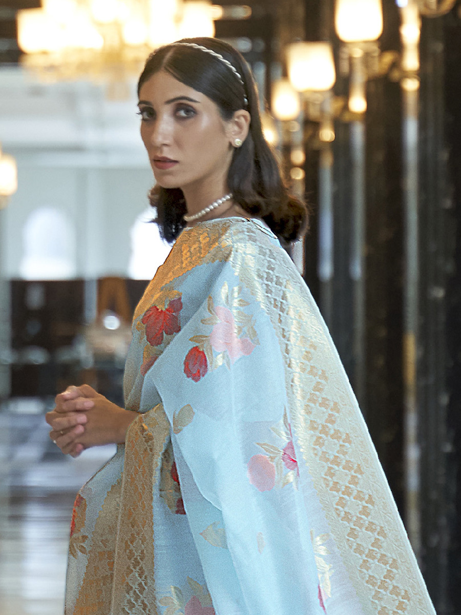 Sky Blue Pure Linen Handwoven Wedding Festival Heavy Border Saree