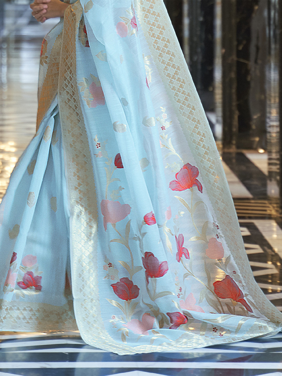 Sky Blue Pure Linen Handwoven Wedding Festival Heavy Border Saree