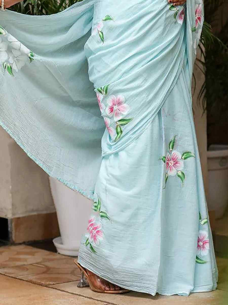 Sky Blue Pure Muslin Printed Traditional Casual Reception Festival Fastive Fancy Classic Style Sarees