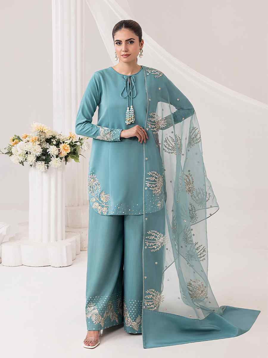Sky Blue Pure Natural Crepe Embroidered Festival Casual Ready Palazzo Pant Salwar Kameez