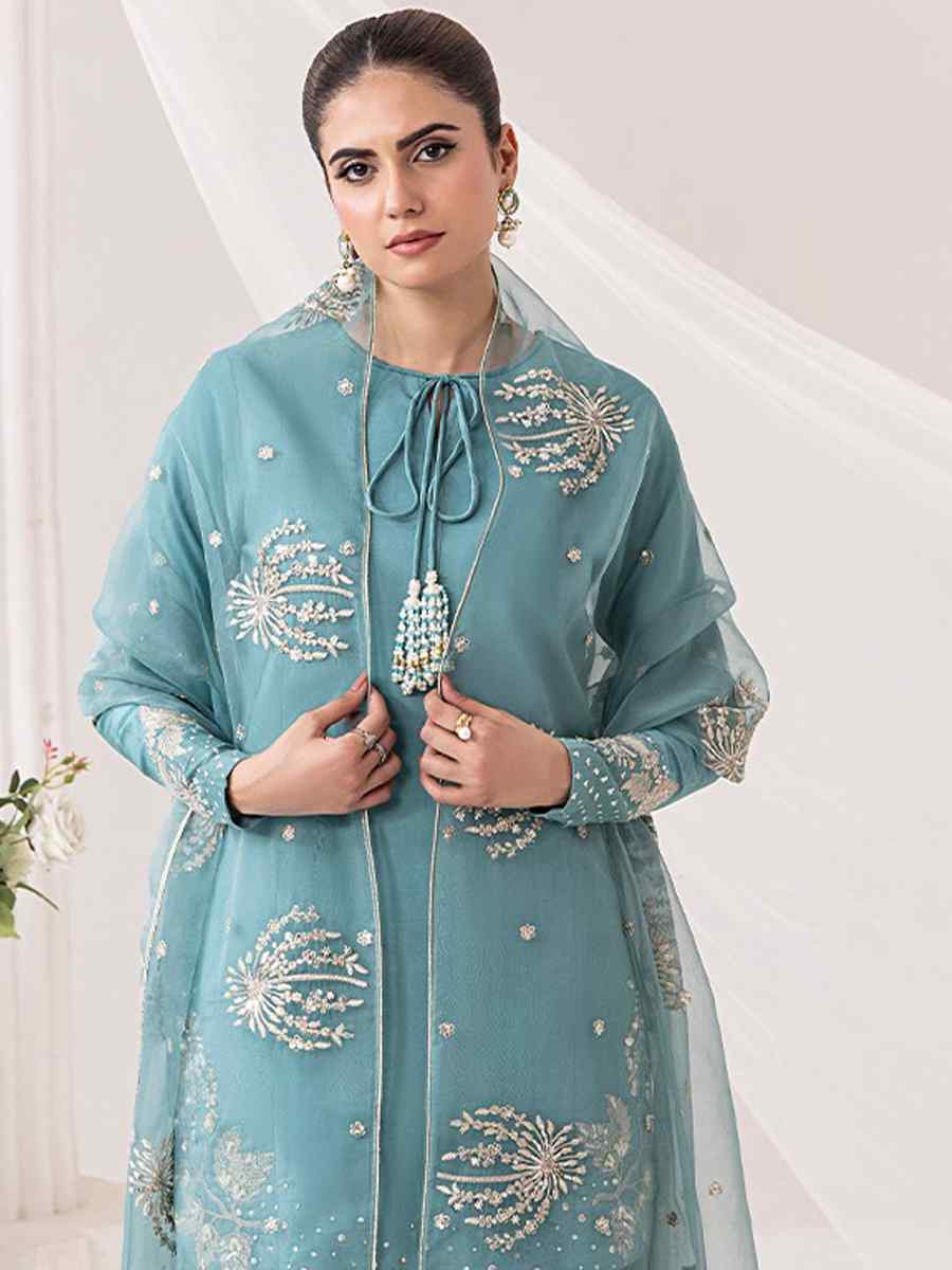 Sky Blue Pure Natural Crepe Embroidered Festival Casual Ready Palazzo Pant Salwar Kameez