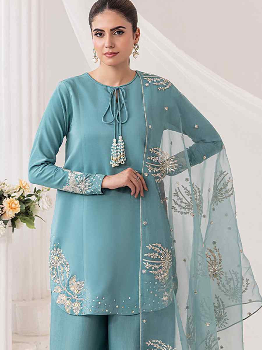 Sky Blue Pure Natural Crepe Embroidered Festival Casual Ready Palazzo Pant Salwar Kameez