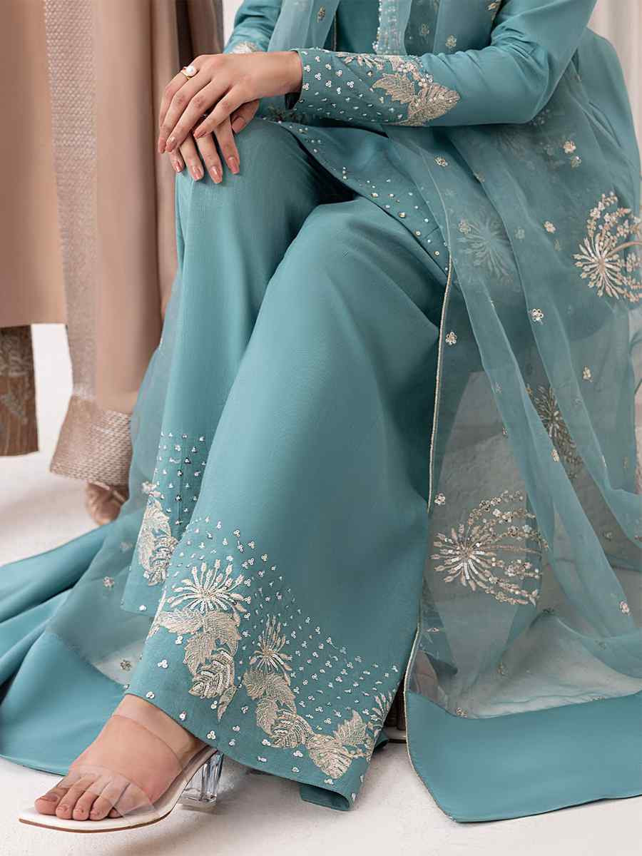 Sky Blue Pure Natural Crepe Embroidered Festival Casual Ready Palazzo Pant Salwar Kameez