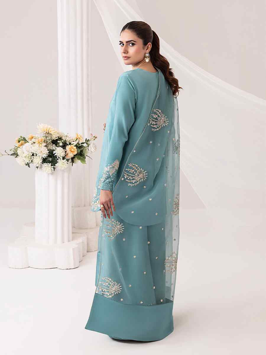 Sky Blue Pure Natural Crepe Embroidered Festival Casual Ready Palazzo Pant Salwar Kameez