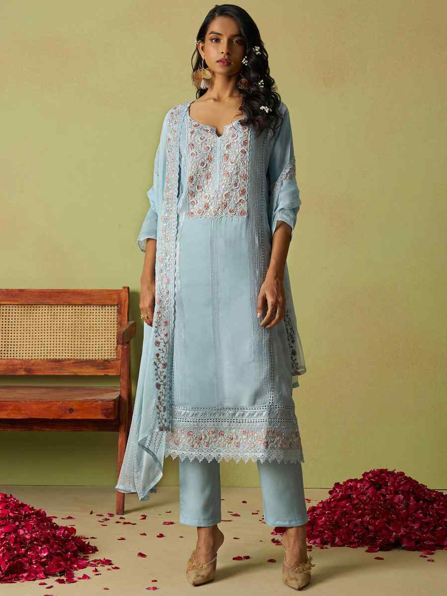 Sky Blue Pure Organza Embroidered Mehendi Wedding Ready Pant Salwar Kameez