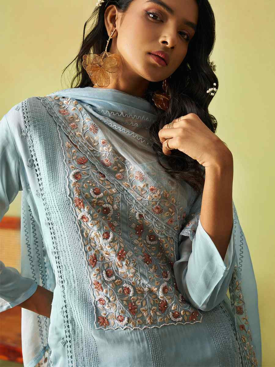 Sky Blue Pure Organza Embroidered Mehendi Wedding Ready Pant Salwar Kameez