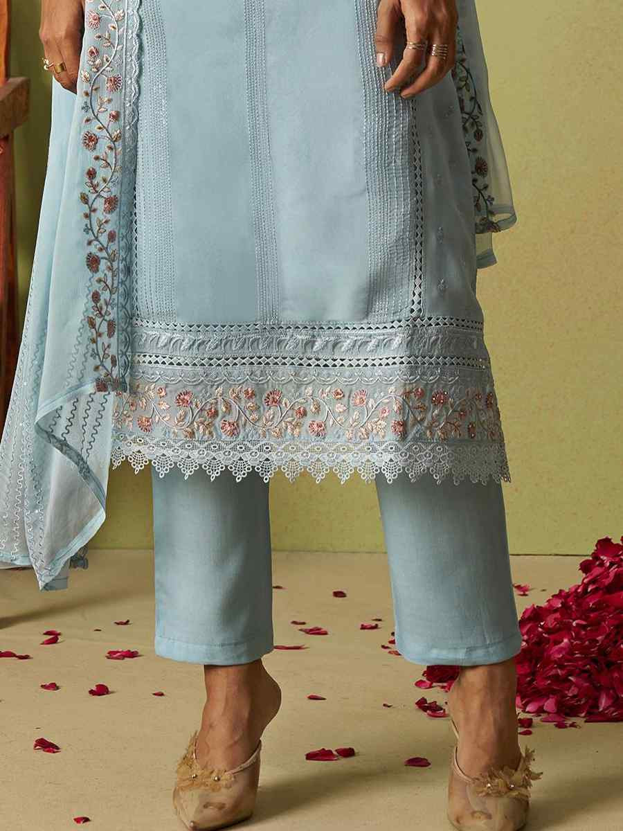 Sky Blue Pure Organza Embroidered Mehendi Wedding Ready Pant Salwar Kameez