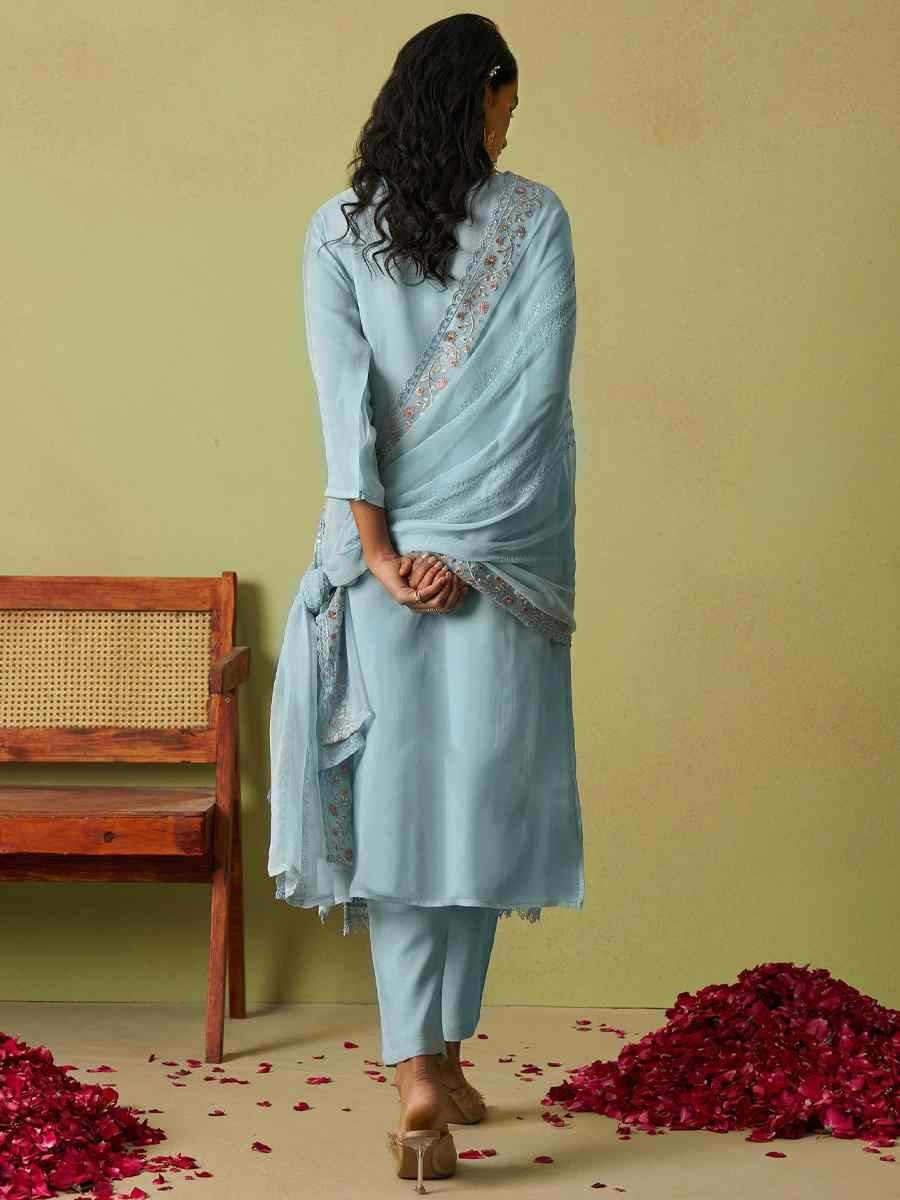 Sky Blue Pure Organza Embroidered Mehendi Wedding Ready Pant Salwar Kameez