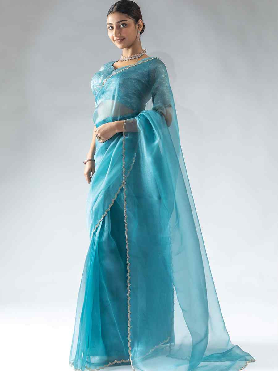 Sky Blue Pure Organza Handwoven Festival Wedding Fancy Heavy Border Saree