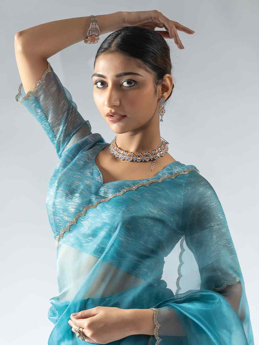 Sky Blue Pure Organza Handwoven Festival Wedding Fancy Heavy Border Saree