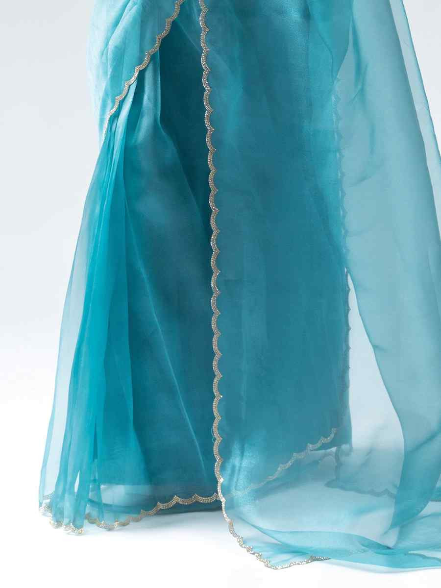 Sky Blue Pure Organza Handwoven Festival Wedding Fancy Heavy Border Saree