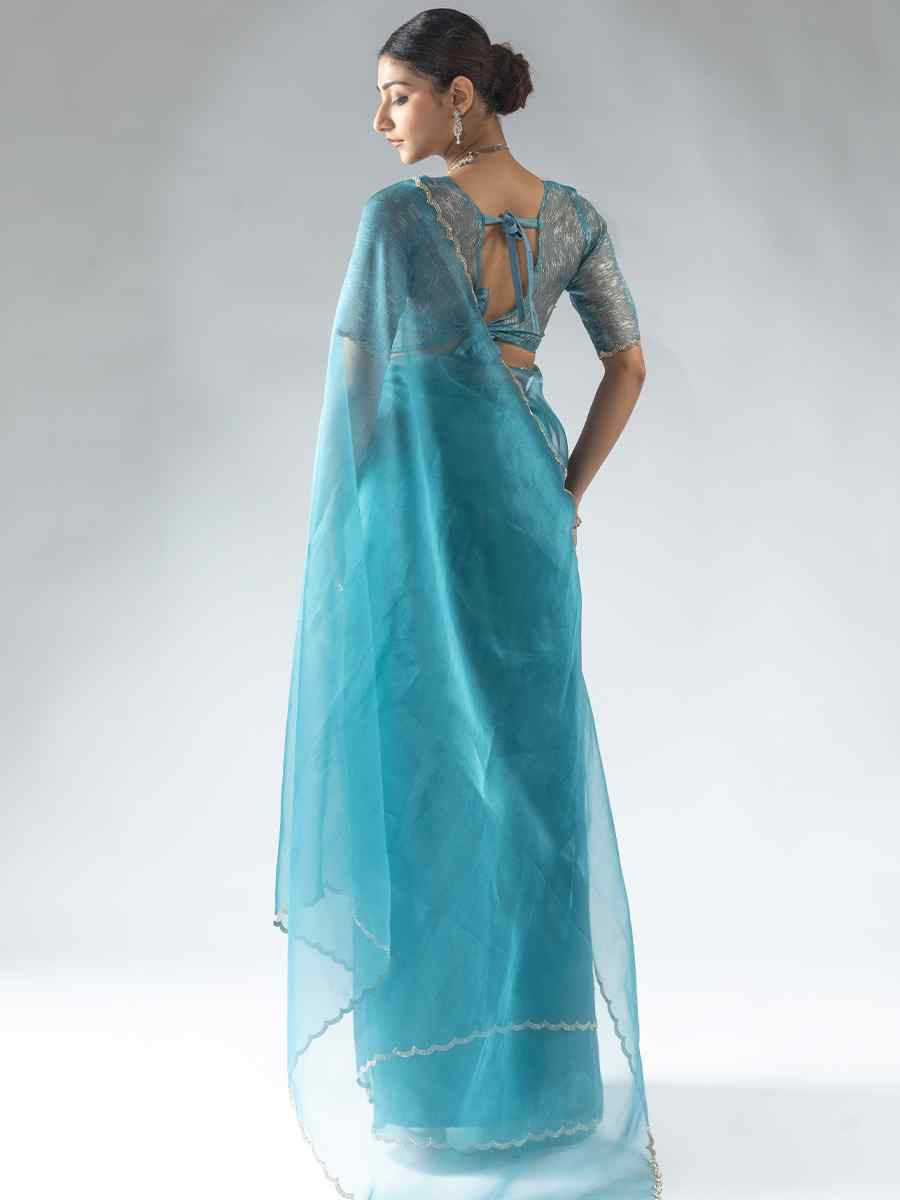 Sky Blue Pure Organza Handwoven Festival Wedding Fancy Heavy Border Saree