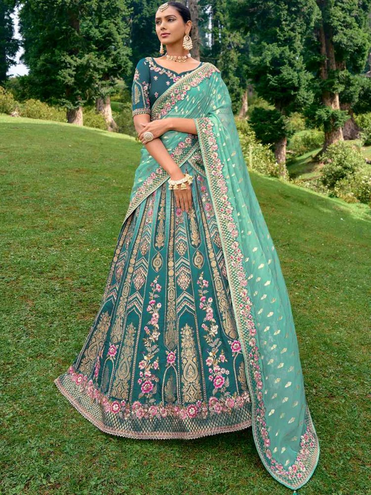 Sky Blue Pure Raw Silk Embroidered Bridal Wedding Heavy Border Lehenga Choli
