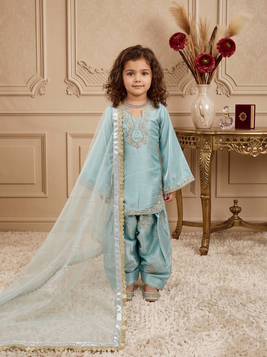 Sky Blue Pure Roman Glass Sillk Embroidery Sequence With Rivet Moti Work Traditional Ethnic Casual Festival Party Wedding Salwars Girls Wear