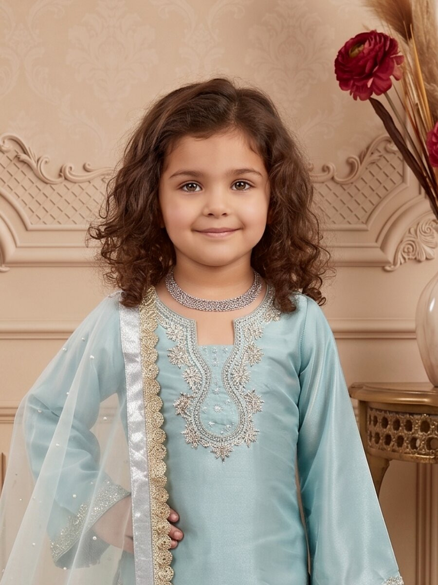 Sky Blue Pure Roman Glass Sillk Embroidery Sequence With Rivet Moti Work Traditional Ethnic Casual Festival Party Wedding Salwars Girls Wear