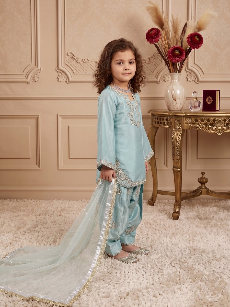 Sky Blue Pure Roman Glass Sillk Embroidery Sequence With Rivet Moti Work Traditional Ethnic Casual Festival Party Wedding Salwars Girls Wear