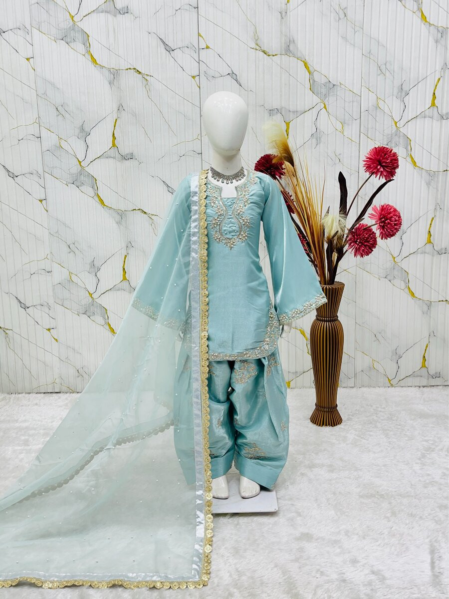 Sky Blue Pure Roman Glass Sillk Embroidery Sequence With Rivet Moti Work Traditional Ethnic Casual Festival Party Wedding Salwars Girls Wear