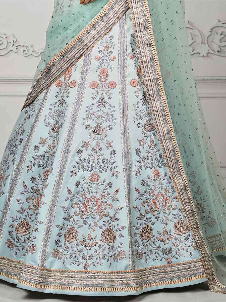 Sky Blue Pure Satin Silk Embroidered Mehendi Festival Circular Lehenga Choli