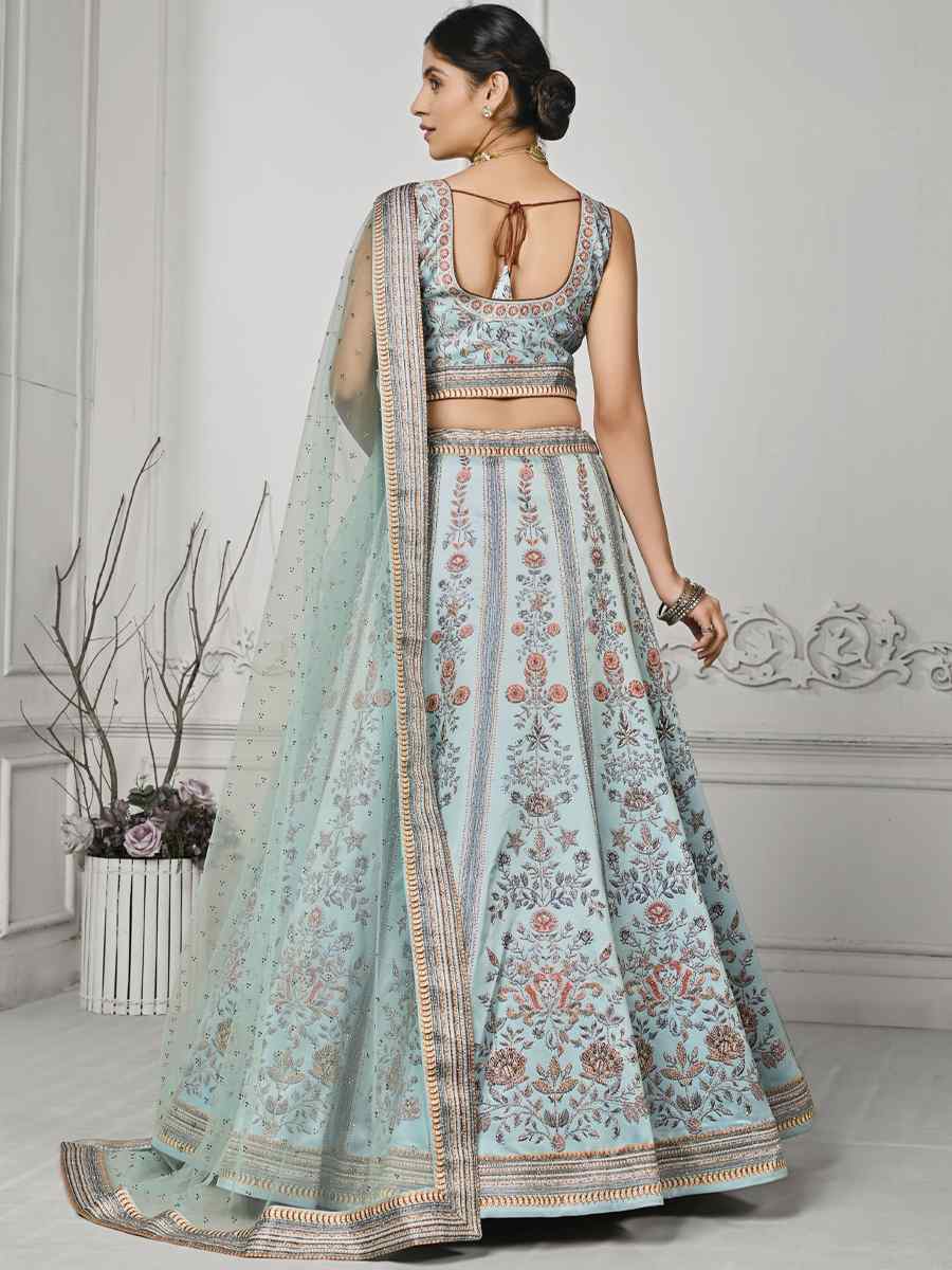 Sky Blue Pure Satin Silk Embroidered Mehendi Festival Circular Lehenga Choli