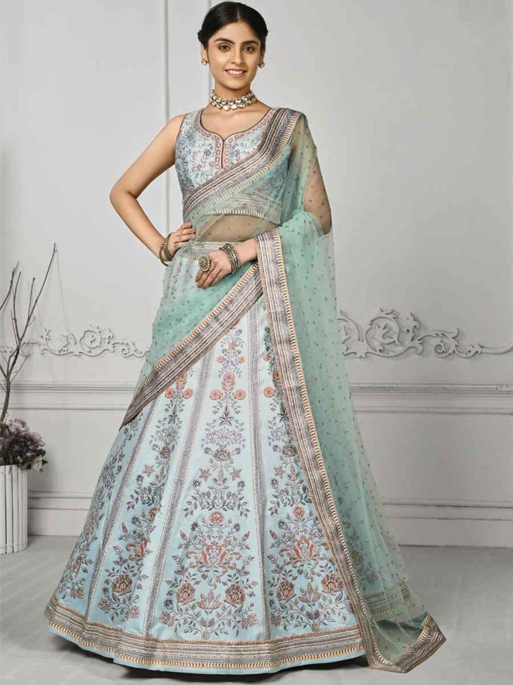 Sky Blue Pure Satin Silk Embroidered Mehendi Festival Circular Lehenga Choli