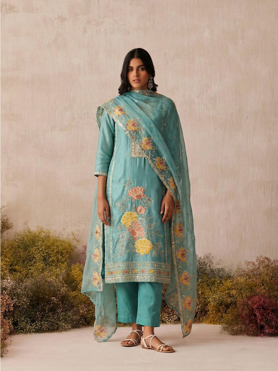 Sky Blue Pure Shimmer Silk Embroidery Floral Sequins Party Wedding Festival Casual Ready Pant Salwar Kameez