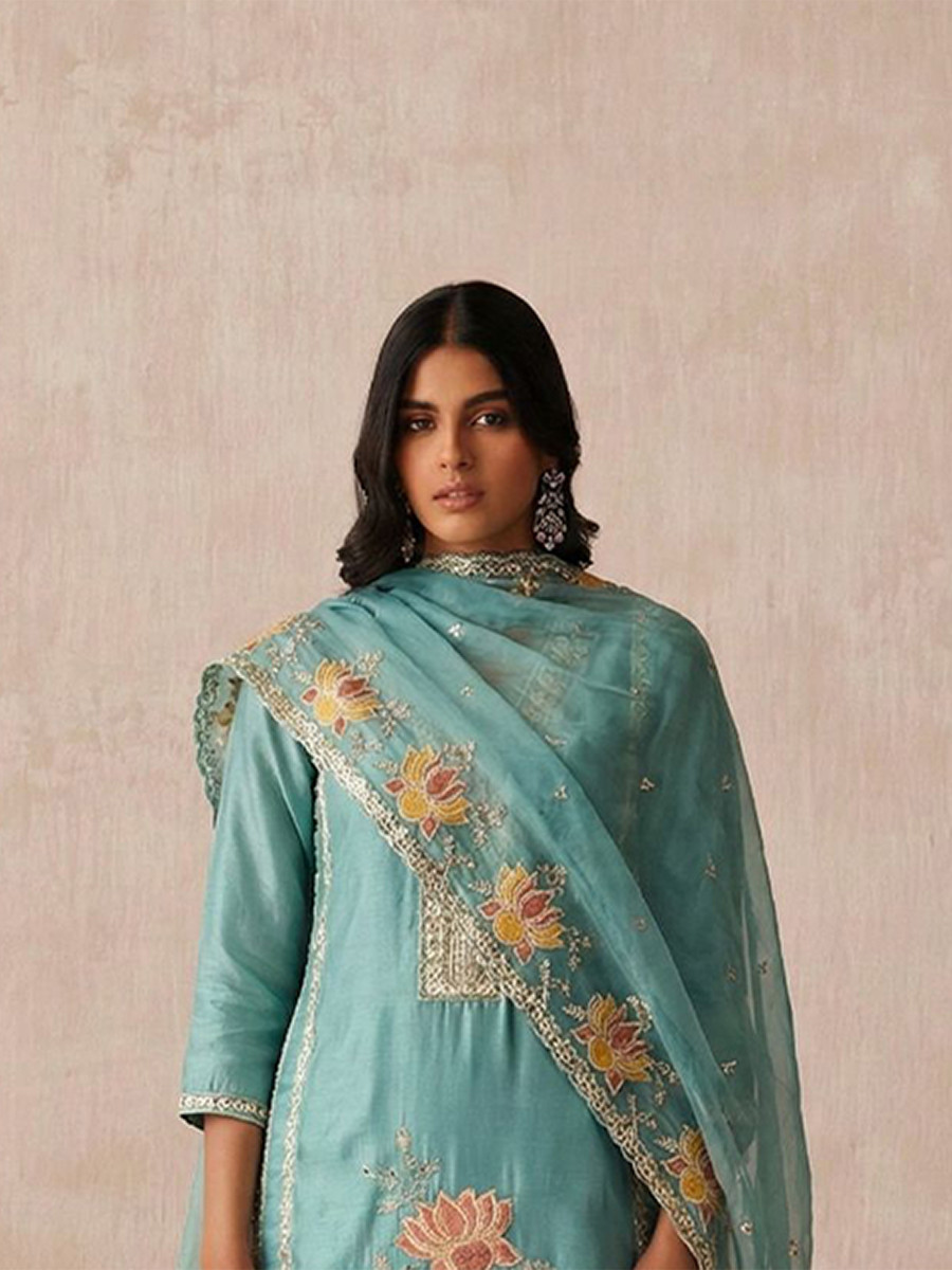 Sky Blue Pure Shimmer Silk Embroidery Floral Sequins Party Wedding Festival Casual Ready Pant Salwar Kameez