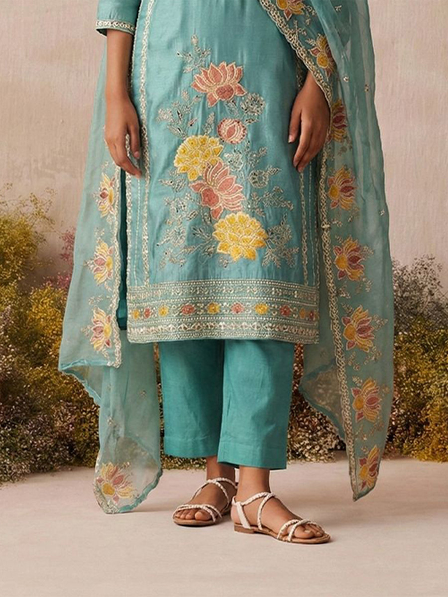 Sky Blue Pure Shimmer Silk Embroidery Floral Sequins Party Wedding Festival Casual Ready Pant Salwar Kameez