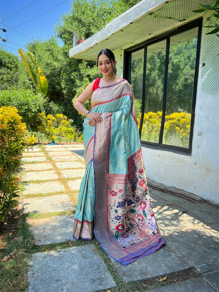 Image of Sky Blue Pure Soft Paithani Silk Zari Wedding Reception Party Festival Casual Heavy Border Sarees